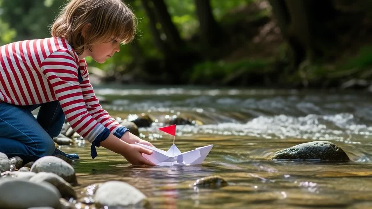 A Young Child's Delight as They Launch a Paper Boat into a Sparkling Stream, Capturing the Joy of Imagination and Play in Nature's Embrace