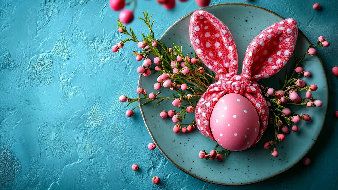 Pink egg wrapped in cloth on blue plate. A pink egg is wrapped in cloth with bunny ears, placed on a blue plate surrounded by small flowers and leaves