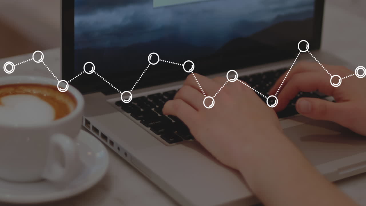 animación de gráfico sobre taza de café y manos recortadas de una mujer caucásica escribiendo en el teclado de una computadora portátil