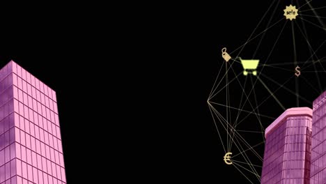 animation of network of connections with icons over cityscape on dark background