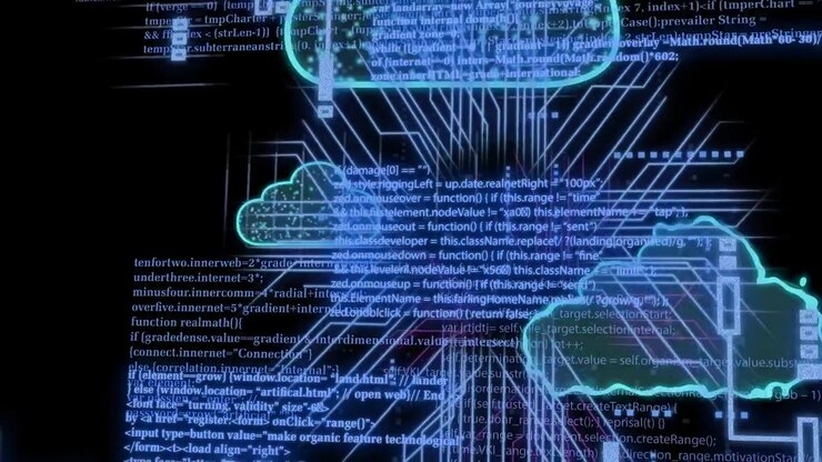 Неоновые облачные иконки, инициирующие импульс, из которых появляются потоковые пиксели и код, формирующие вертикальный поток данных, отображающий информацию.