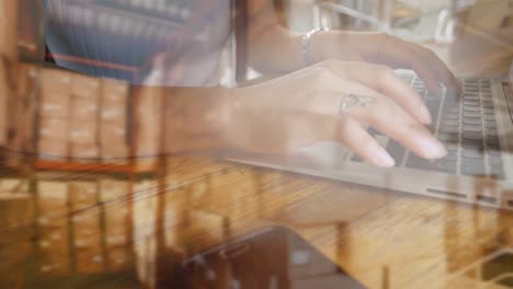 Animation-of-woman-typing-on-computer-keyboard-with-stacks-of-boxes-in-warehouse