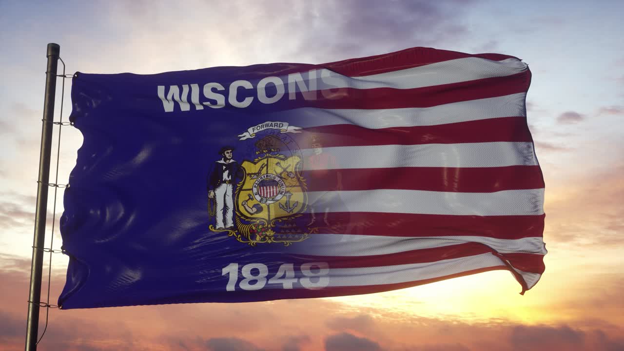 wisconsin y la bandera de los estados unidos en el asta de la bandera. estados unidos y wisconsin bandera mixta ondeando en el viento