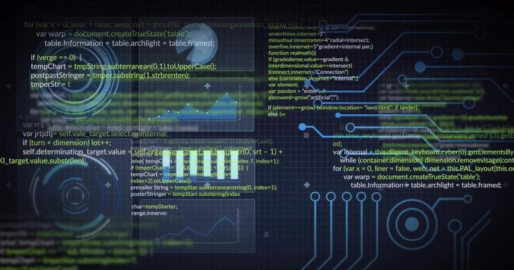 At start green code lines streaming over dark grid widgets while dial pulsing visualizing live data