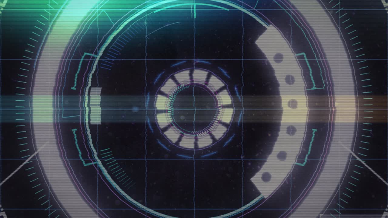 animación digital de rastros de luz y efecto de falla contra el escáner de neón redondo sobre fondo negro
