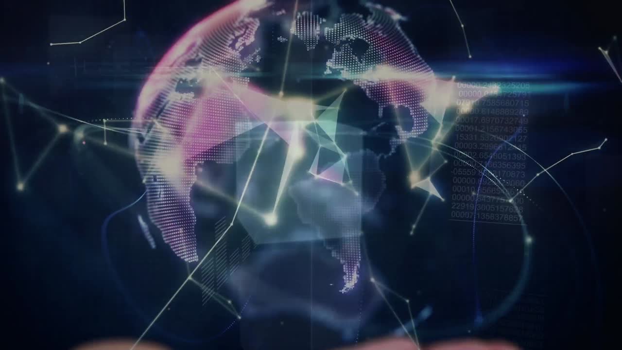 animación de bloques geométricos, formas y globo giratorio sobre la mano de una mujer caucásica