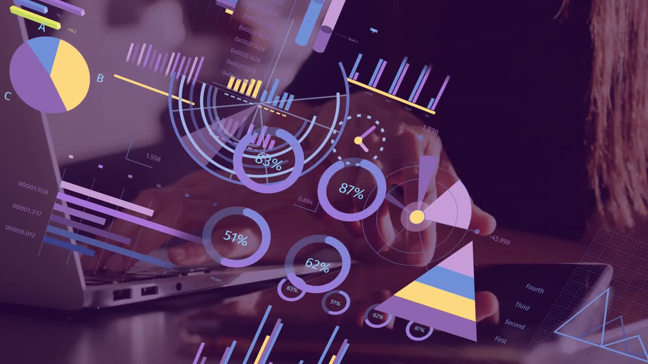 animación de estadísticas y procesamiento de datos financieros sobre mujer caucásica usando computadora portátil.