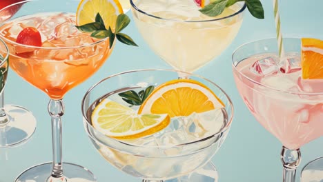 Colorful cocktails with citrus slices in elegant glasses, viewed from a high angle