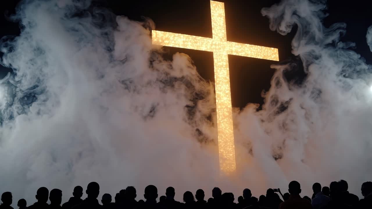 Eine Menschenmenge im Silhouett vor einem leuchtenden Kreuz im Nebel, aufgenommen aus einem niedrigen Winkel