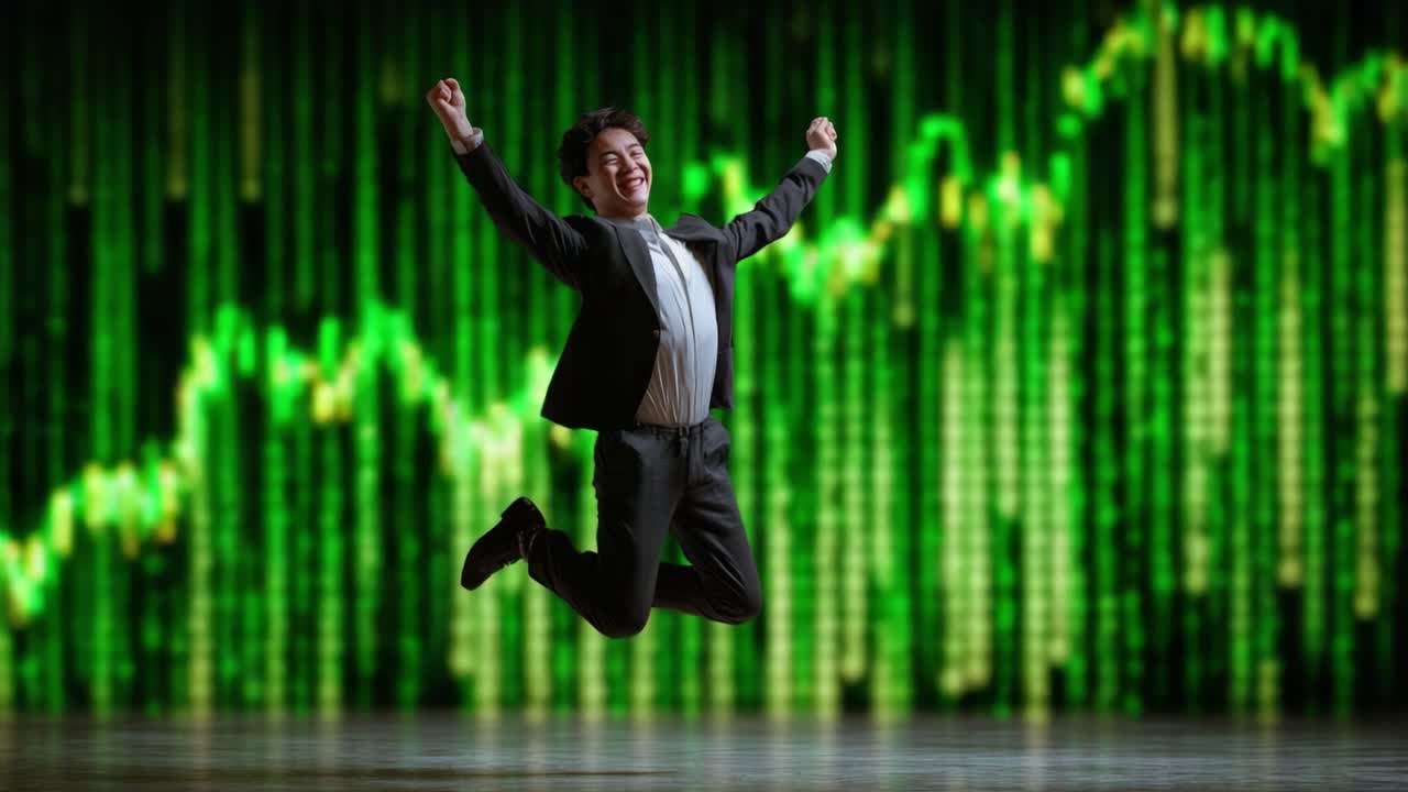 A joyful individual leaps in celebration against a vibrant green digital backdrop, capturing the essence of enthusiasm and positivity in a visually striking moment