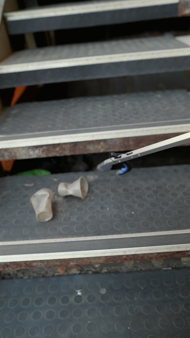 쓰레기로 가득 찬 더러운 계단