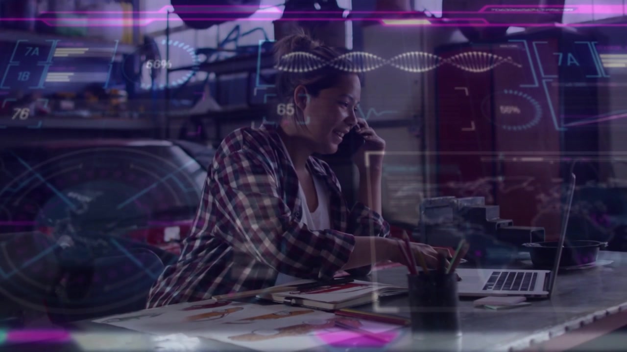 Answering phone, designer checking design, typing laptop, noting papers in studio with HUD overlay