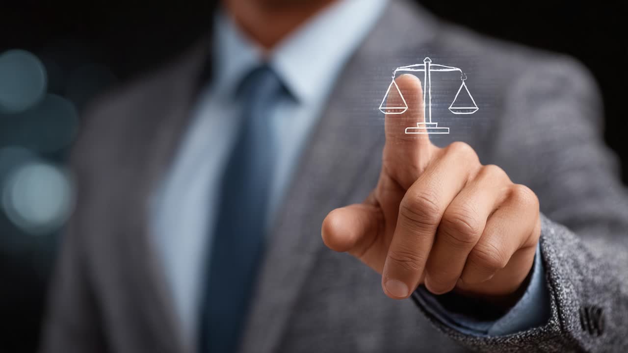 A professional in business attire interacts with a digital display of scales, symbolizing justice and law, showcasing the intersection of technology and legal principles