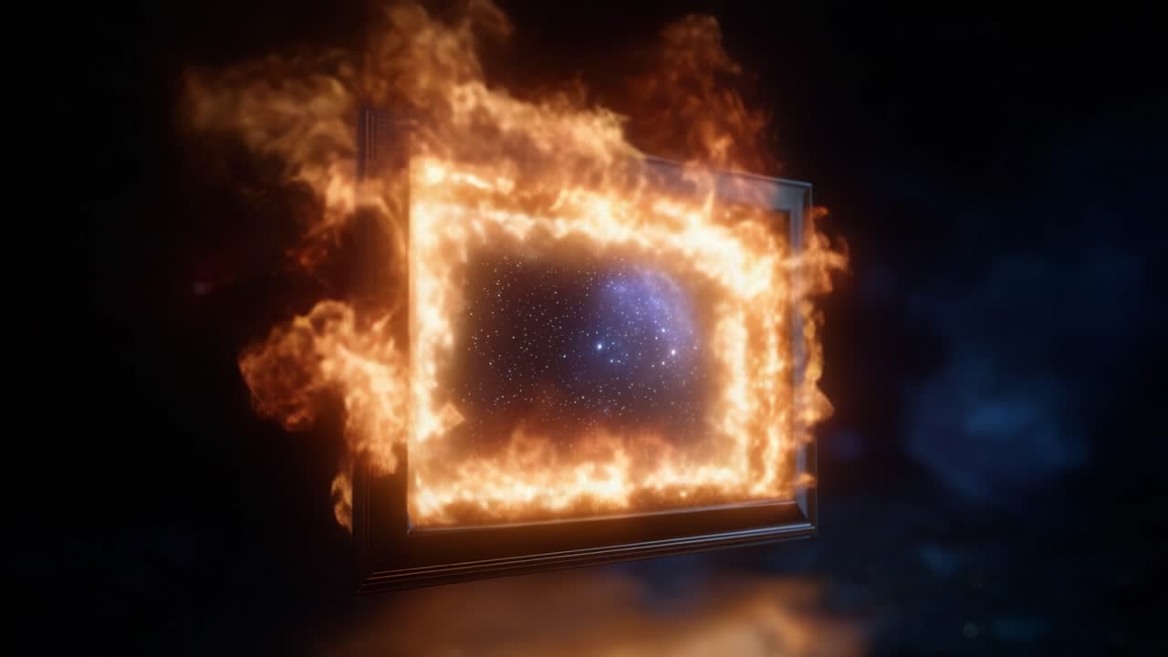 A captivating representation of a burning frame displaying a breathtaking view of the cosmos, blending elements of fire and space in a stunning visual experience
