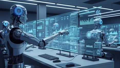 futuristic robotics: a detailed look at autonomous robots analyzing complex data on interactive displays in a high-tech environment