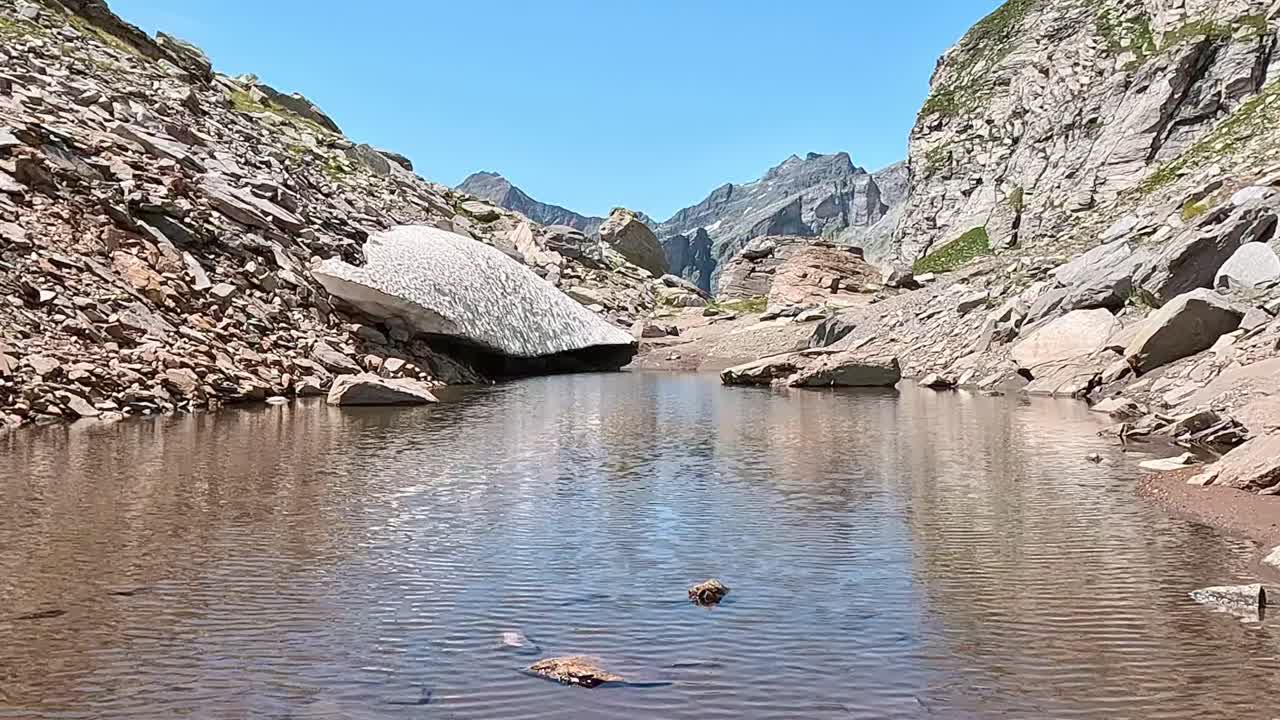 High-Altitude Meltwater Pond Surrounded by Rocky Slopes and Alpine Peaks in Alpe Veglia Natural Park, Italian Alps