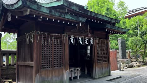 Ancient Japanese temple roof surrounded by lush green trees on a bright day
