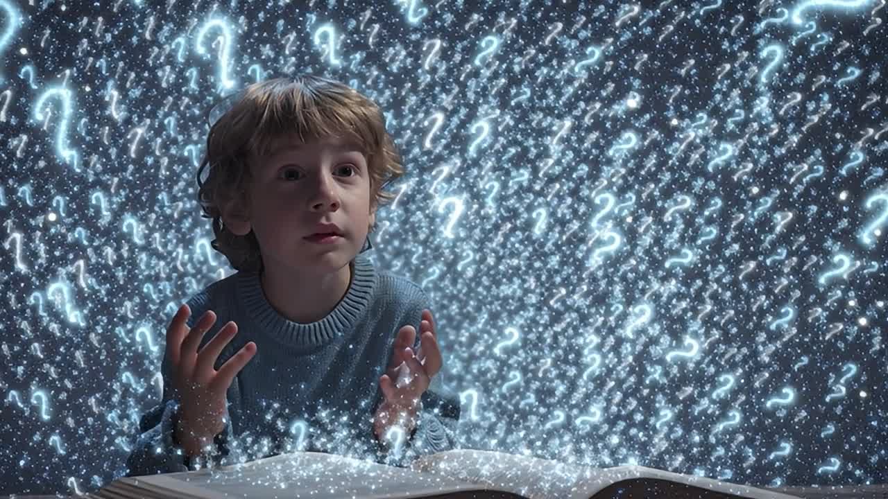 Bambino curioso circondato da punti interrogativi luminosi mentre legge.