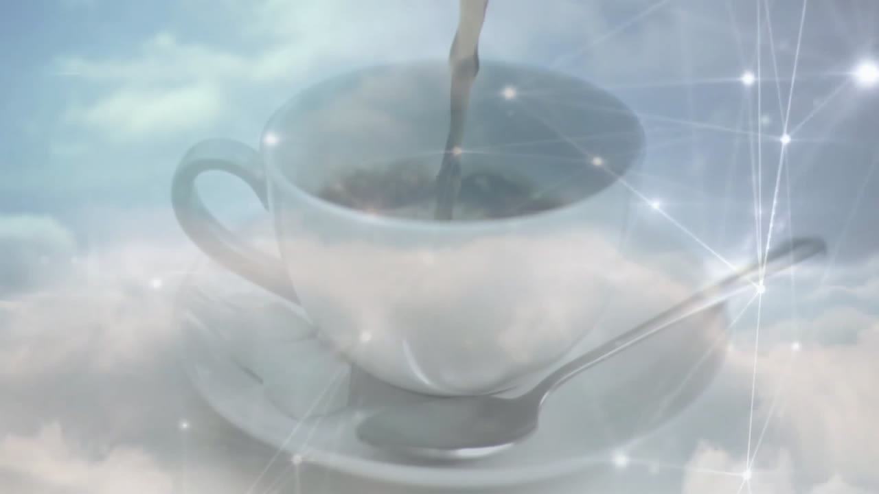 Dark liquid pouring into white cup with spoon and sugar cubes over glowing digital network grid