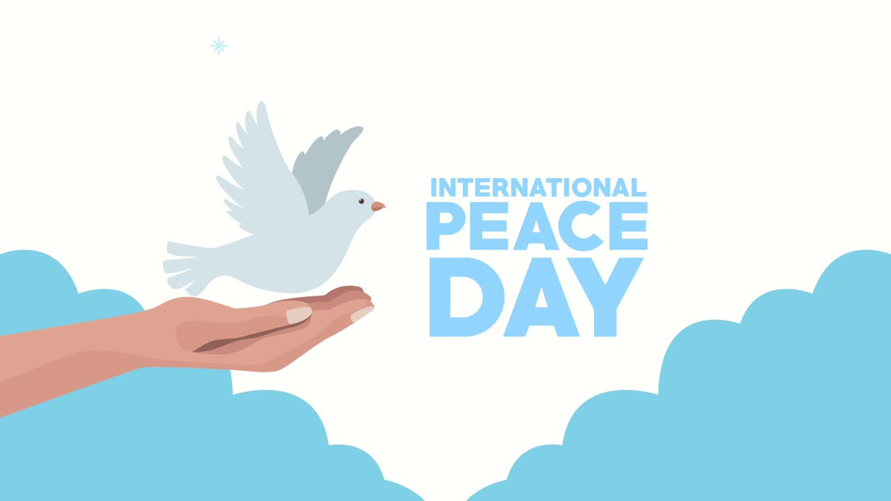 국제 평화의 날 문자 손을 들어 올리는 비둘기