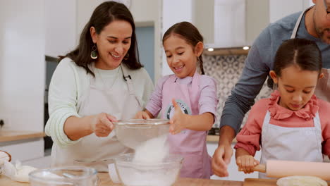 Kitchen, flour and happy family kids baking