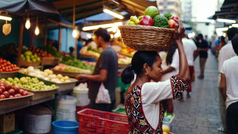 Woman carrying basket of fruits on her head at a bustling market