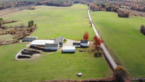 drone view of a farm revealed via tracking left and showing a large field, farm buildings and a stand of forest surrounding the complex