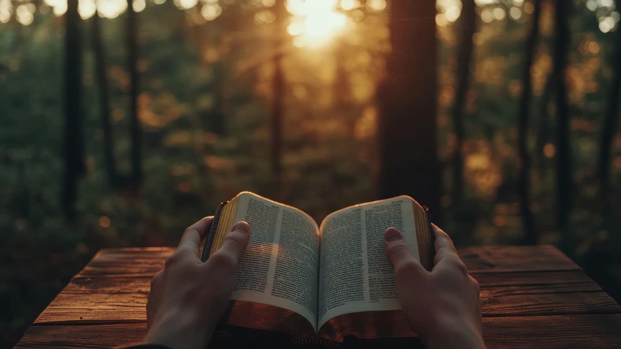 Hands holding an open book in a serene forest setting at sunset