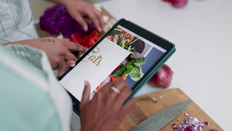 tablet, hands and scroll online recipe on food