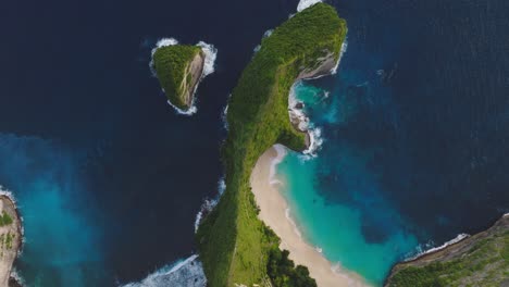 vista de arriba hacia abajo de la playa kelingking del acantilado t-rex rodeada de aguas azules profundas, nusa penida, antena