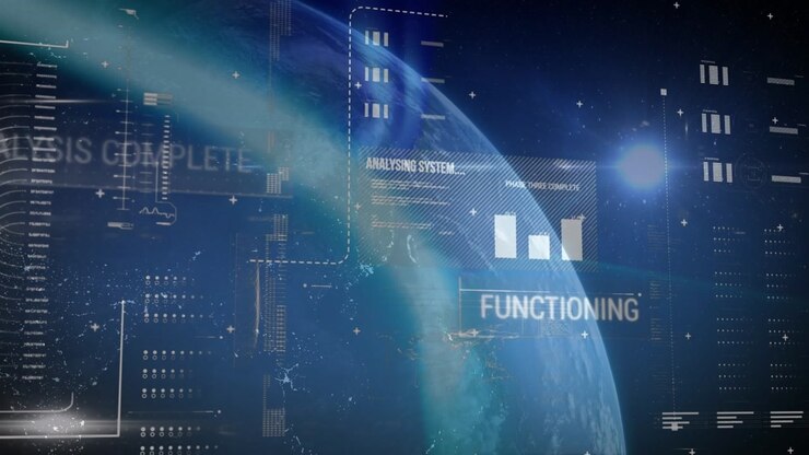 Animasjon av databehandling over en globus på blå bakgrunn