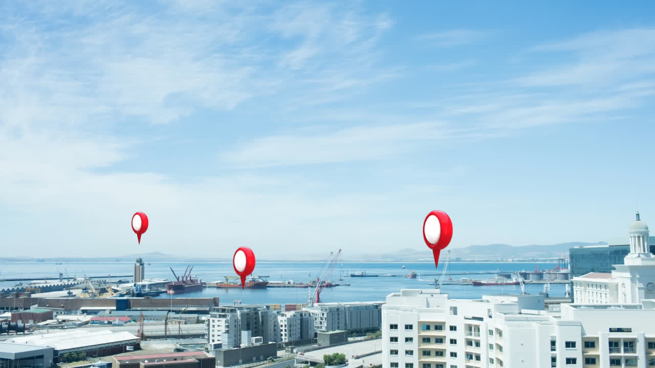 alfileres de ubicación y paisaje urbano