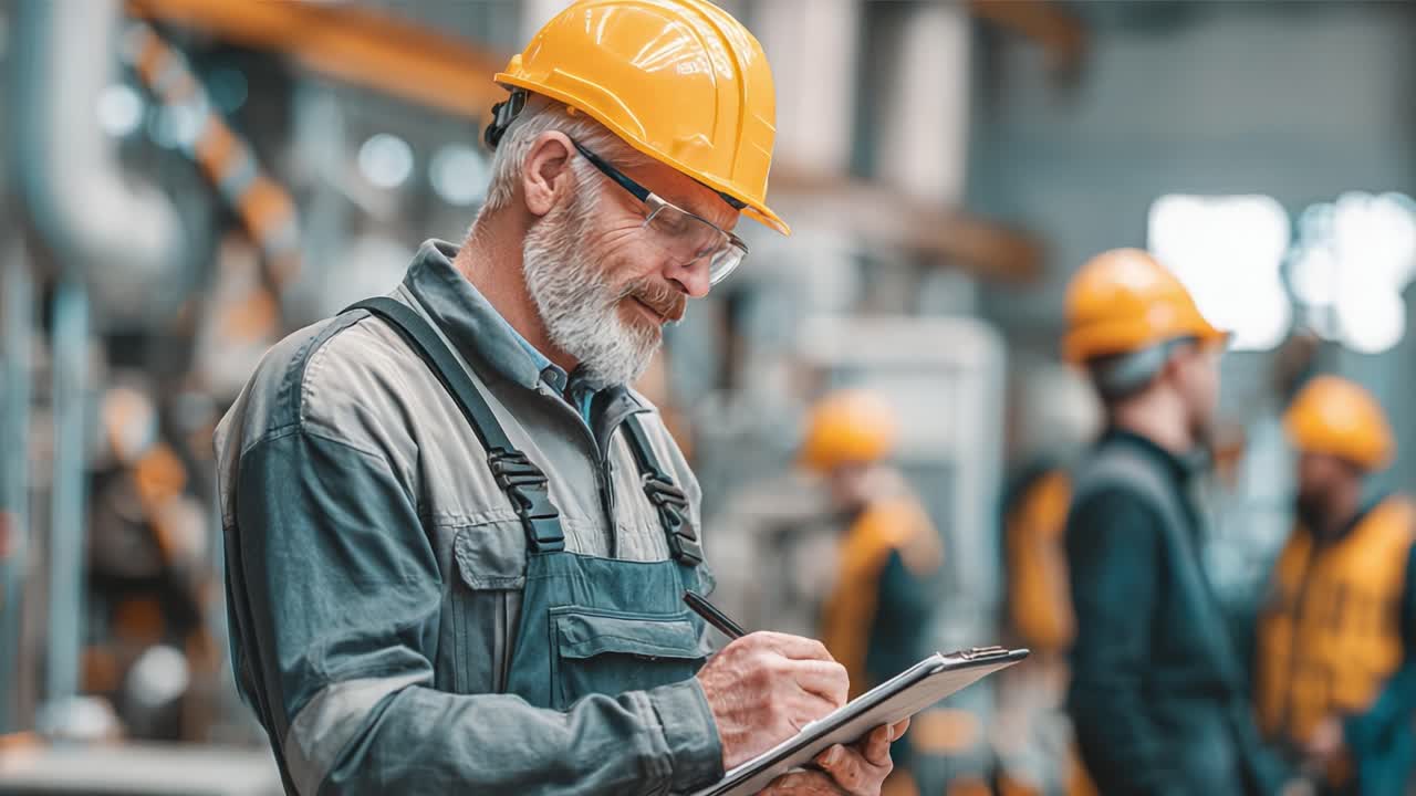 Experienced Construction Worker in Safety Gear Taking Notes on Clipboard in Industrial Setting, Ensuring Workplace Safety and Standards Are Met