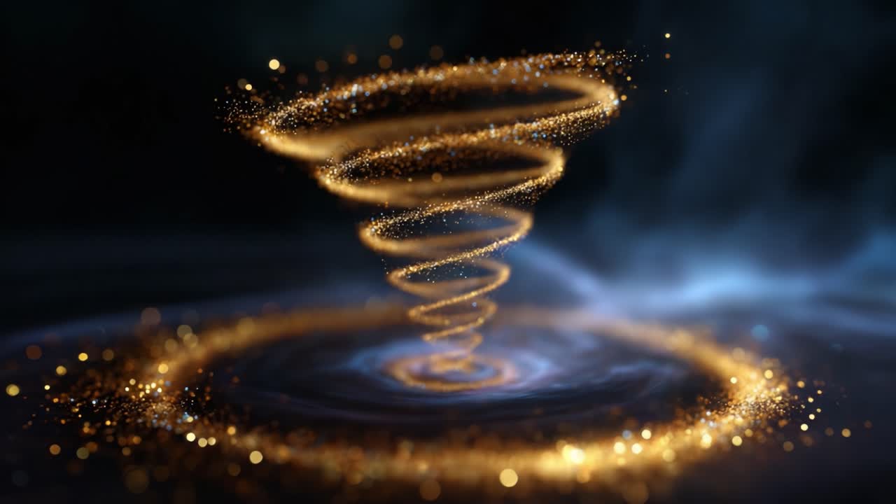 Un enigmatico vortice a spirale dorata di energia cosmica e luce emana un'aura stellata, catturando l'immaginazione con il suo movimento maestoso e la sua bellezza radiosa