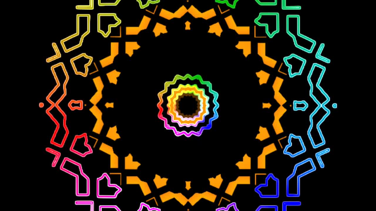 Kaleidoscope yellow line pattern motion background with colorful neon lights