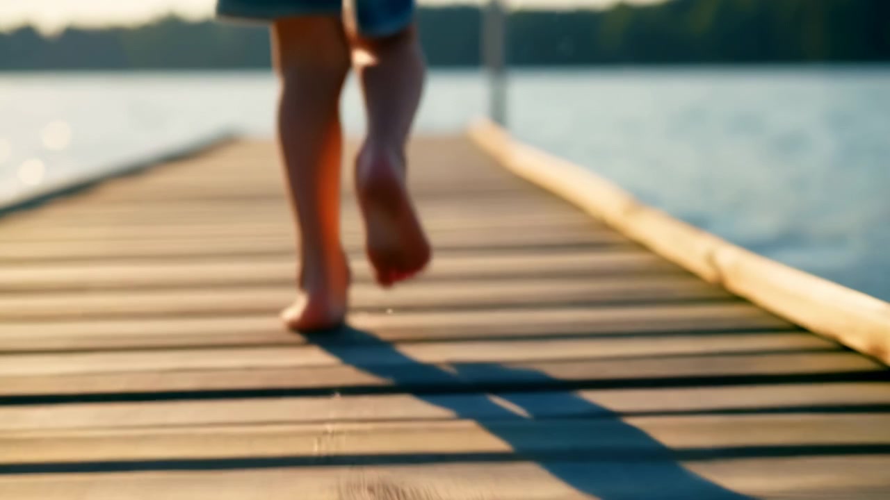 Rear low angle motion of bare lower legs and bare feet moving along weathered wooden dock beside tranquil lake at golden hour, lifted foot shows dripping water from sole, with soft reflections, warm