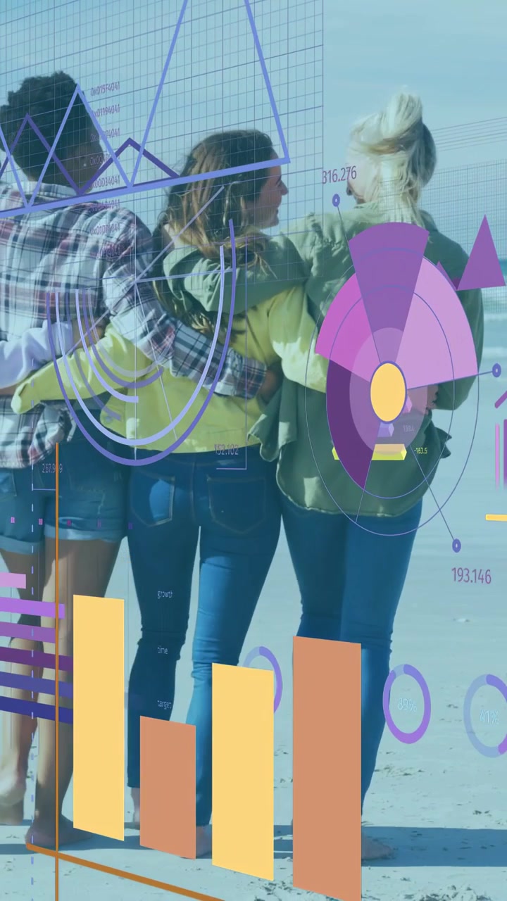 Vertical video: Four women arm-in-arm on beach, stepping and activating data charts for marketing