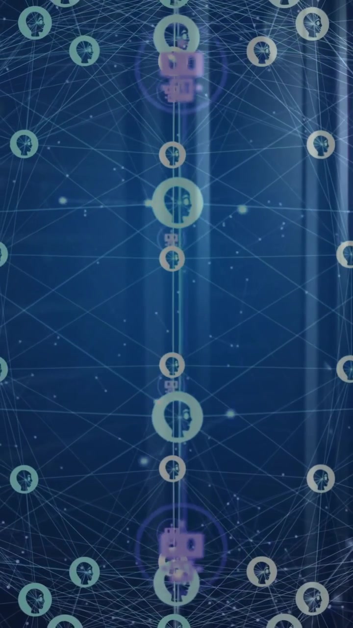 Animation of global network of people and chatbot icons rotating over dark computer server room