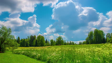 Nubes-Abstractas-Que-Se-Mueven-Rápidamente-Y-Cambian-De-Forma-En-El-Cielo-Azul-Sobre-El-Campo-Verde-En-Un-Día-Soleado