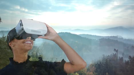 woman using vr to watch forest landscape