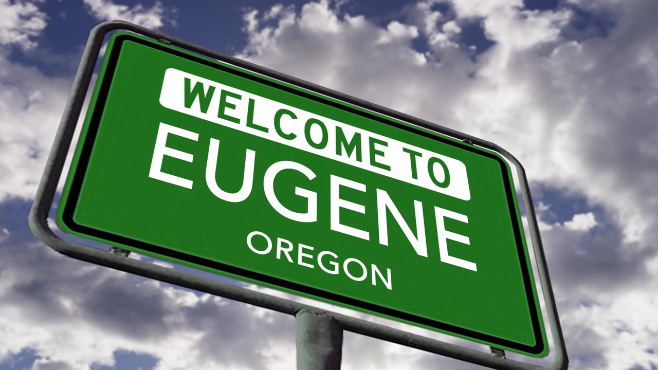 Willkommen in Eugene, Oregon. Nahaufnahme eines US-Stadtschilds, realistische 3D-Animation.