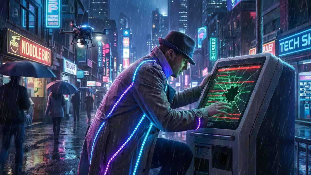 Cyberpunk City with Man, Robot Dog, and Hacked Terminal