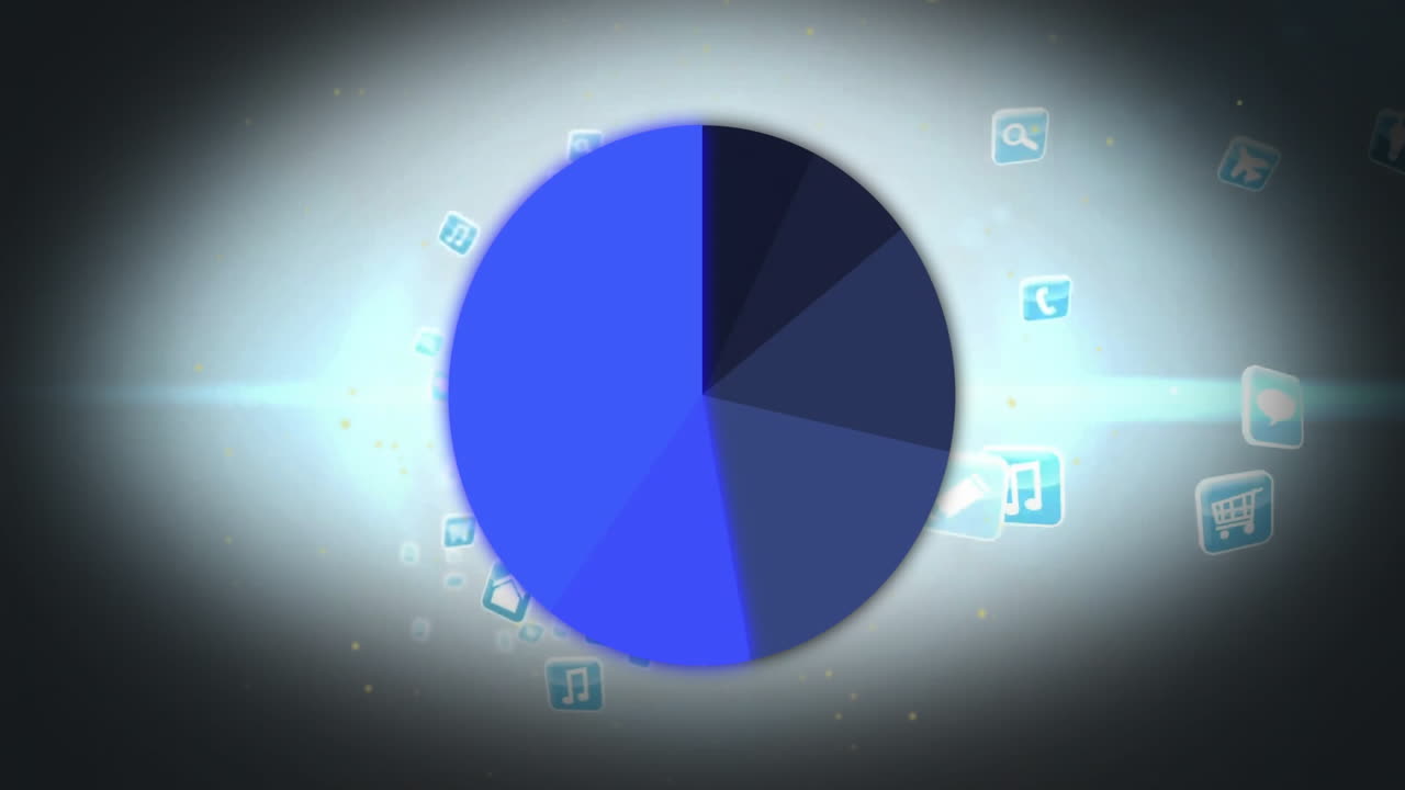 Rotating blue pie chart animation over various digital icons