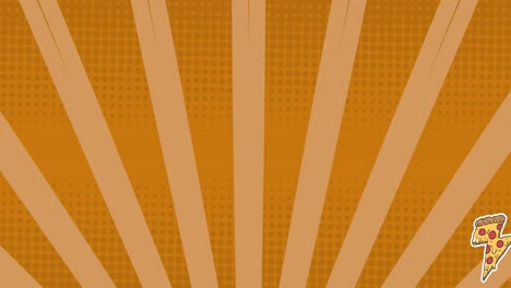 Animation-Von-Pizza-Symbolen-über-Streifen-Auf-Orangefarbenem-Hintergrund