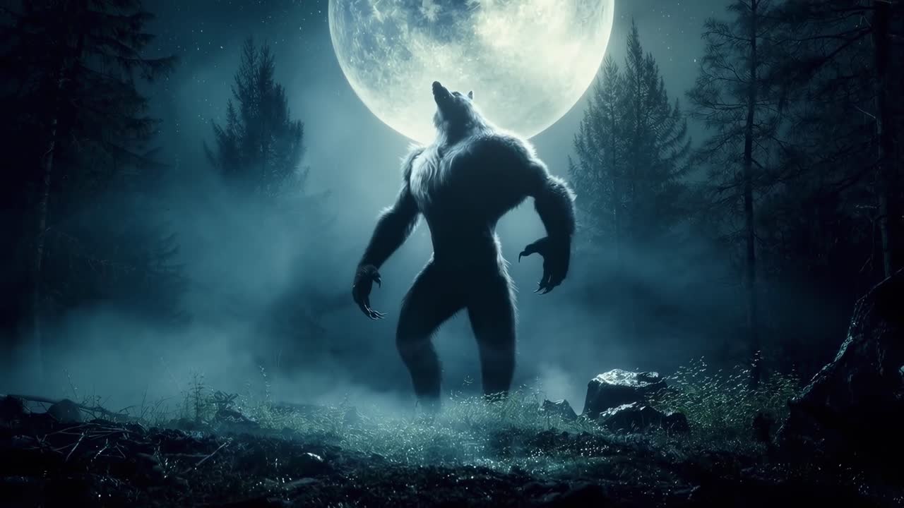Inquadratura drammatica dal basso di una silhouette di lupo mannaro contro una luna piena, perfetta per video horror