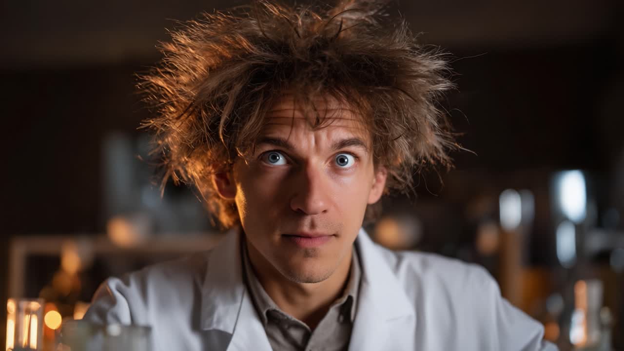En nysgerrig videnskabsmand med uregerligt hår er engageret i fascinerende eksperimenter, fanget i to frames af spænding og nysgerrighed i en laboratorieomgivelse