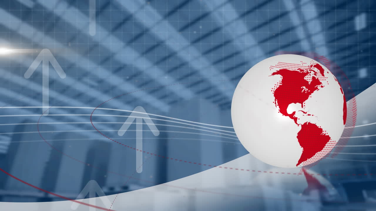 스핀링 글로브와 여러 화살표가 배경에 창고에 대해 위로 움직입니다.