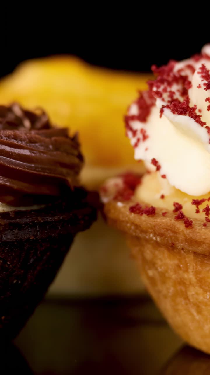 Vista ravvicinata e rotante di crostatine al cioccolato, alla crema all'uovo e alla crema red velvet su una superficie nera lucida, con illuminazione drammatica da studio e profondità di campo ridotta.