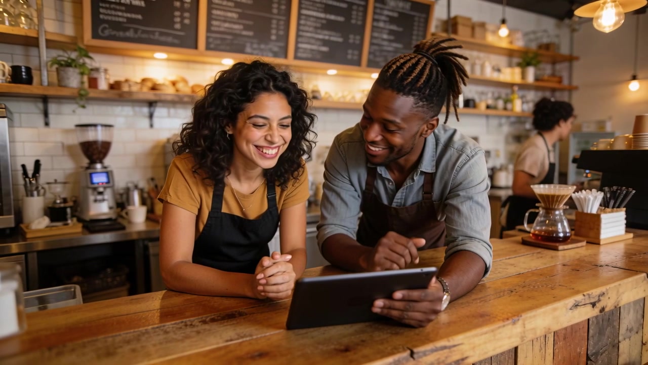 Baristaer peger og tjekker tablet inde på en café, gennemgår indhold i sorte og brune forklæder.