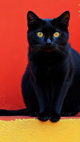 a black cat is sitting on a yellow step. the cat is looking at the camera. the image has a warm and inviting mood